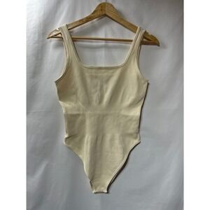 OQQ Womens Ribbed Seamless Bodysuit Square Neck Tank Top Cream Ivory‎ Large